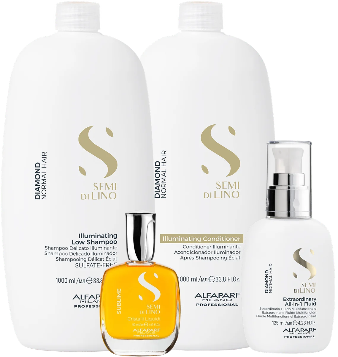Extraordinary All in One 125ml, Illuminating Conditioner 1000ml, Illuminating Low Shampoo 1000ml, Cristalli Liquidi 50ml