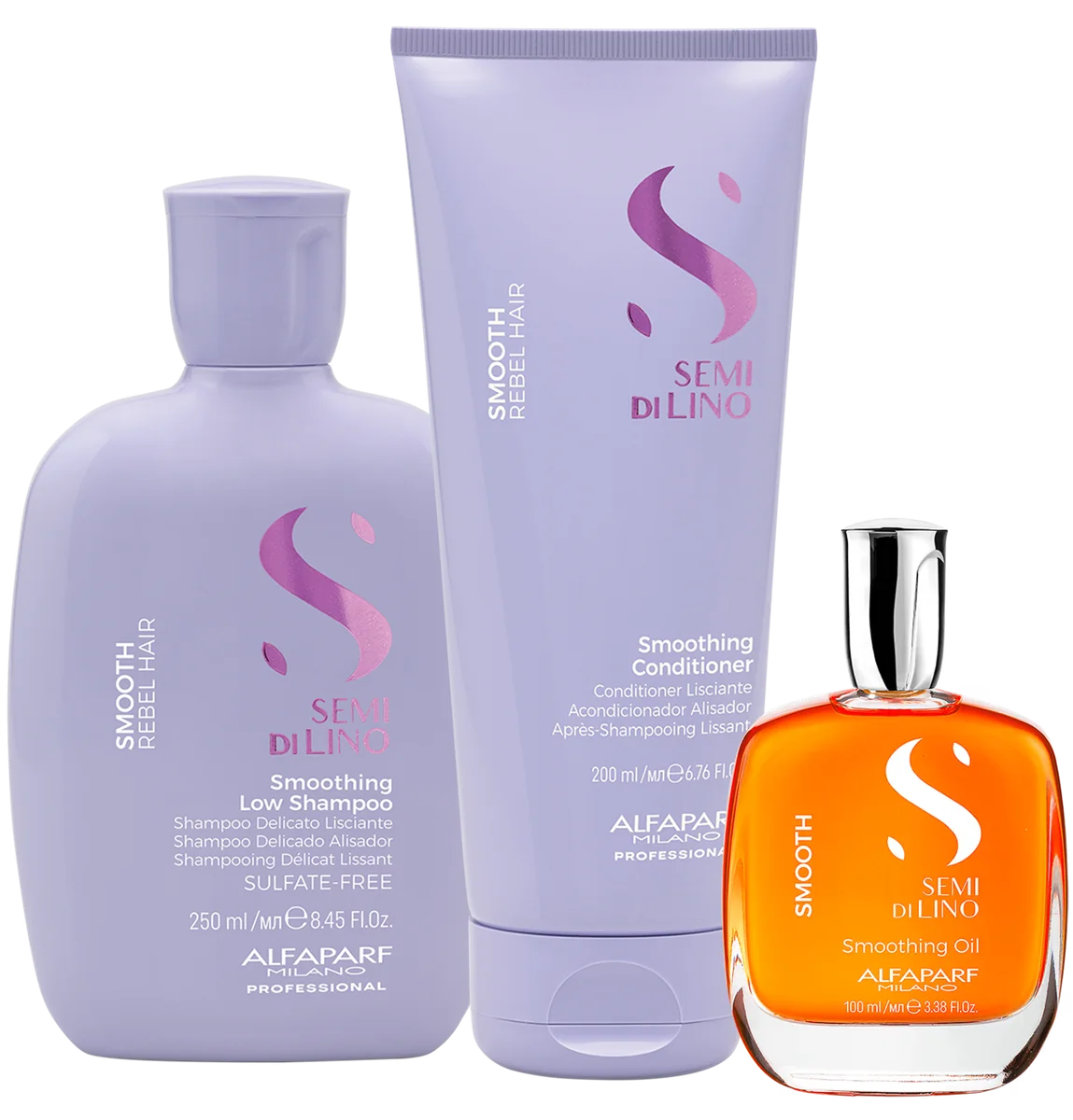 Smoothing Low Shampoo 250ml, Smoothing Conditioner 200ml, Smoothing Oil 100ml