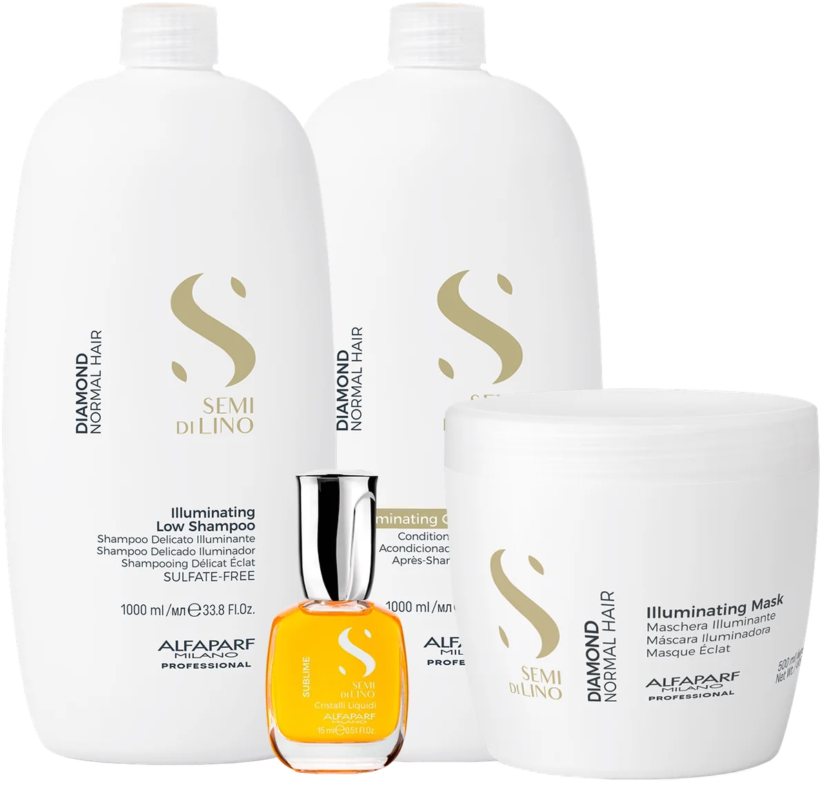 Illuminating Low Shampoo 1000ml, Illuminating Conditioner 1000ml, Illuminating Mask 500ml, Cristalli Liquidi 15ml