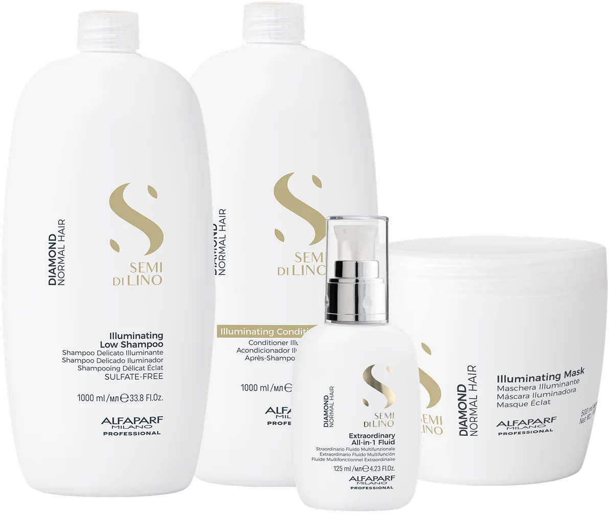 Illuminating Low Shampoo 1000ml, Illuminating Conditioner 1000ml, Illuminating Mask 500ml, Extraordinary All in One 125ml