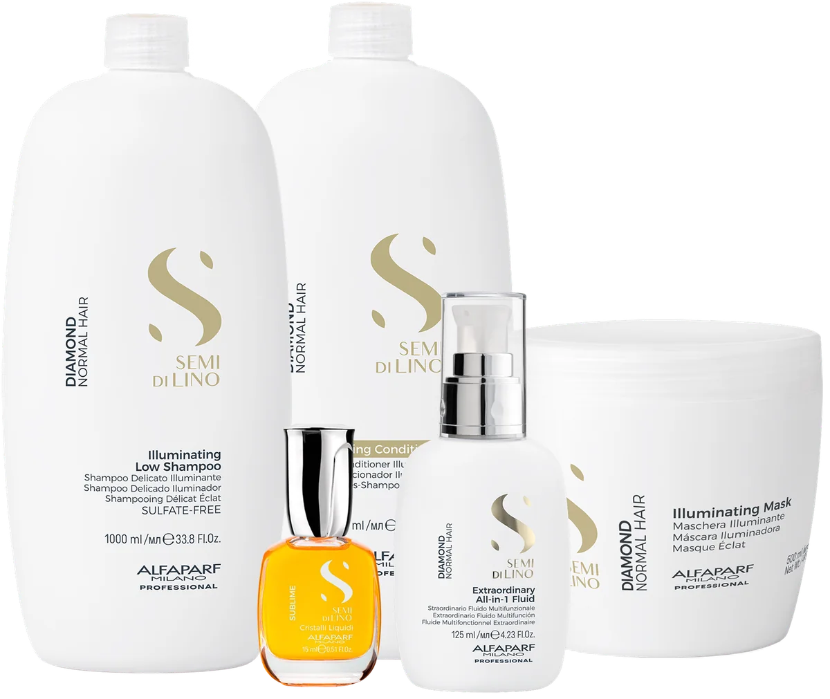 Illuminating Low Shampoo 1000ml, Illuminating Conditioner 1000ml, Illuminating Mask 500ml, Extraordinary All in One 125ml, Cristalli Liquidi 15ml