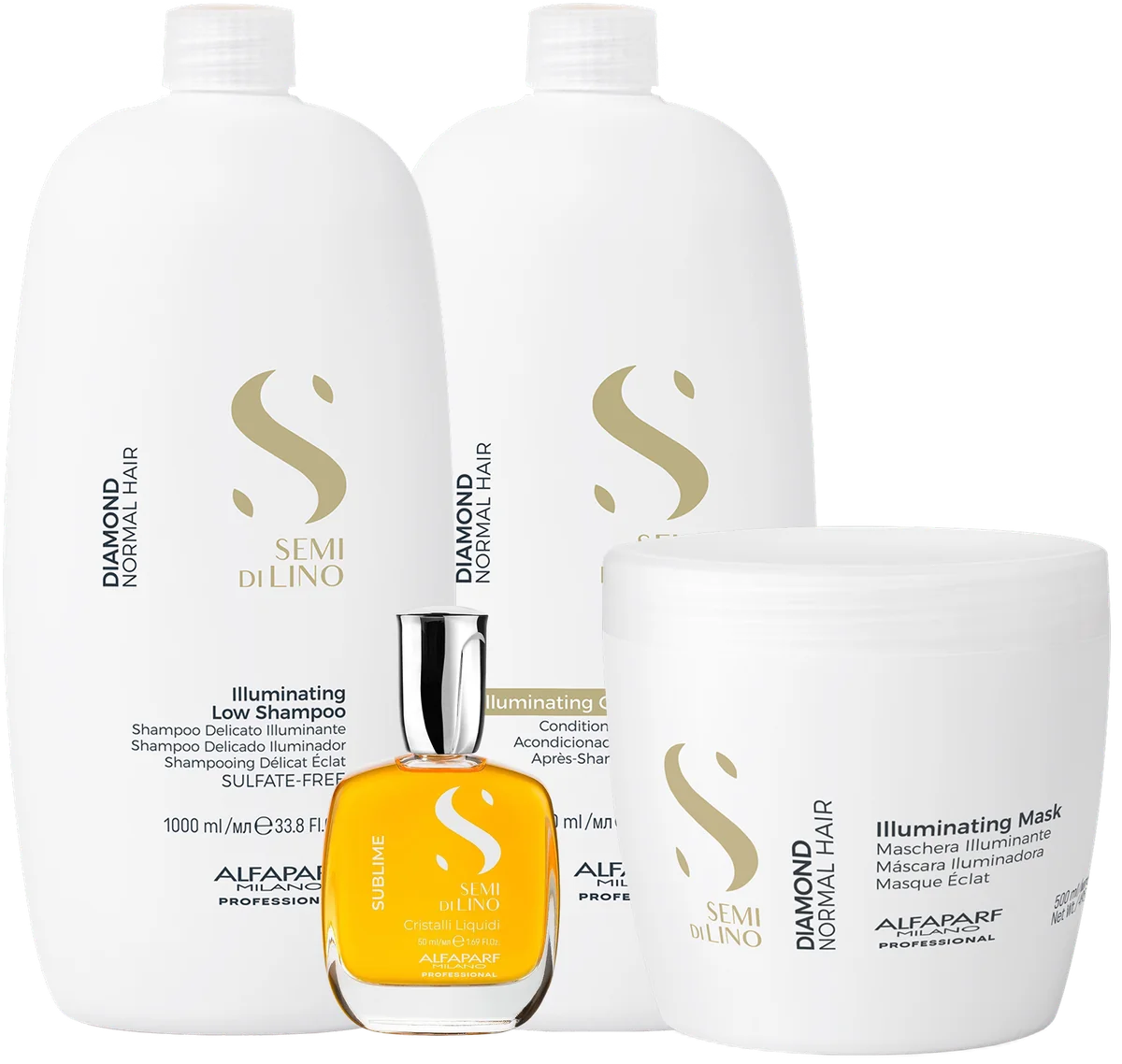 Extraordinary All in One 125ml, Cristalli Liquidi 50ml, Illuminating Mask 500ml, Illuminating Low Shampoo 1000ml