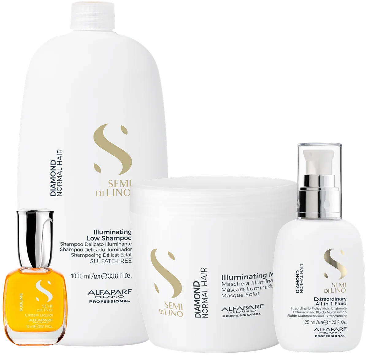 Illuminating Low Shampoo 1000ml, Illuminating Mask 500ml, Extraordinary All in One 125ml, Cristalli Liquidi 15ml
