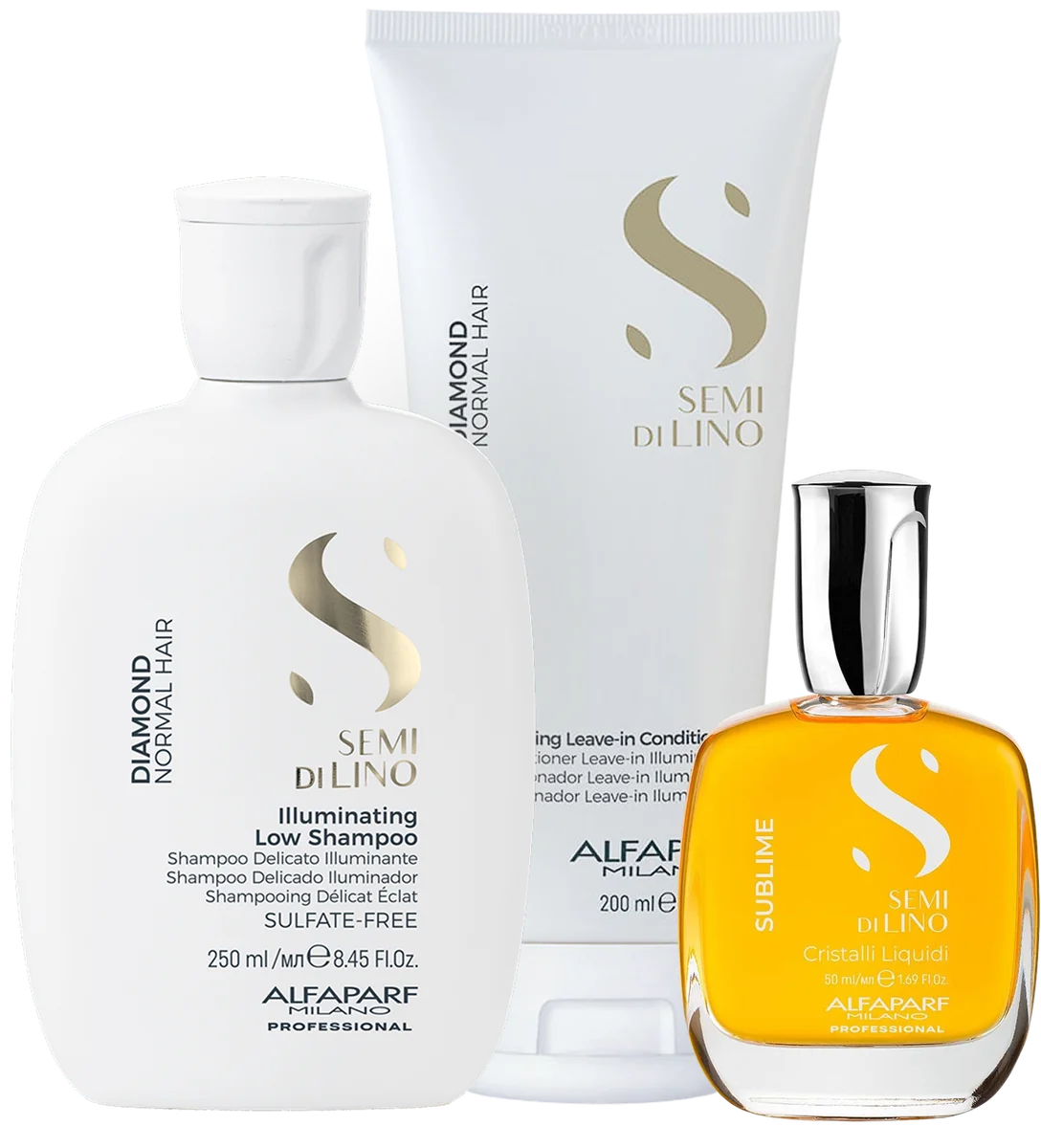 Cristalli Liquidi 50ml, Leave-In Creme para Pentear 200ml, Illuminating Low Shampoo 250ml