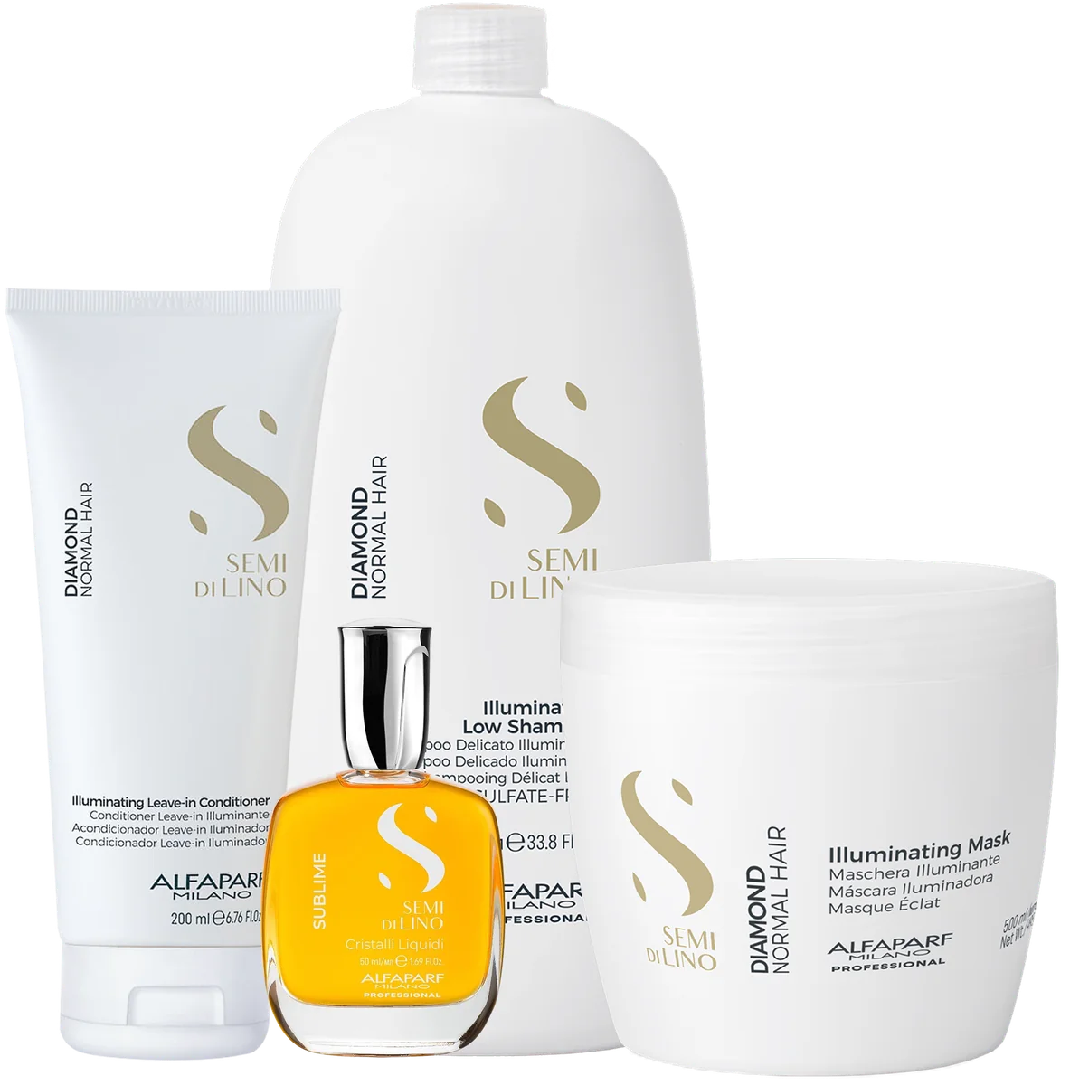 Illuminating Mask 500ml, Cristalli Liquidi 50ml, Illuminating Low Shampoo 1000ml, Leave-In Creme para Pentear 200ml