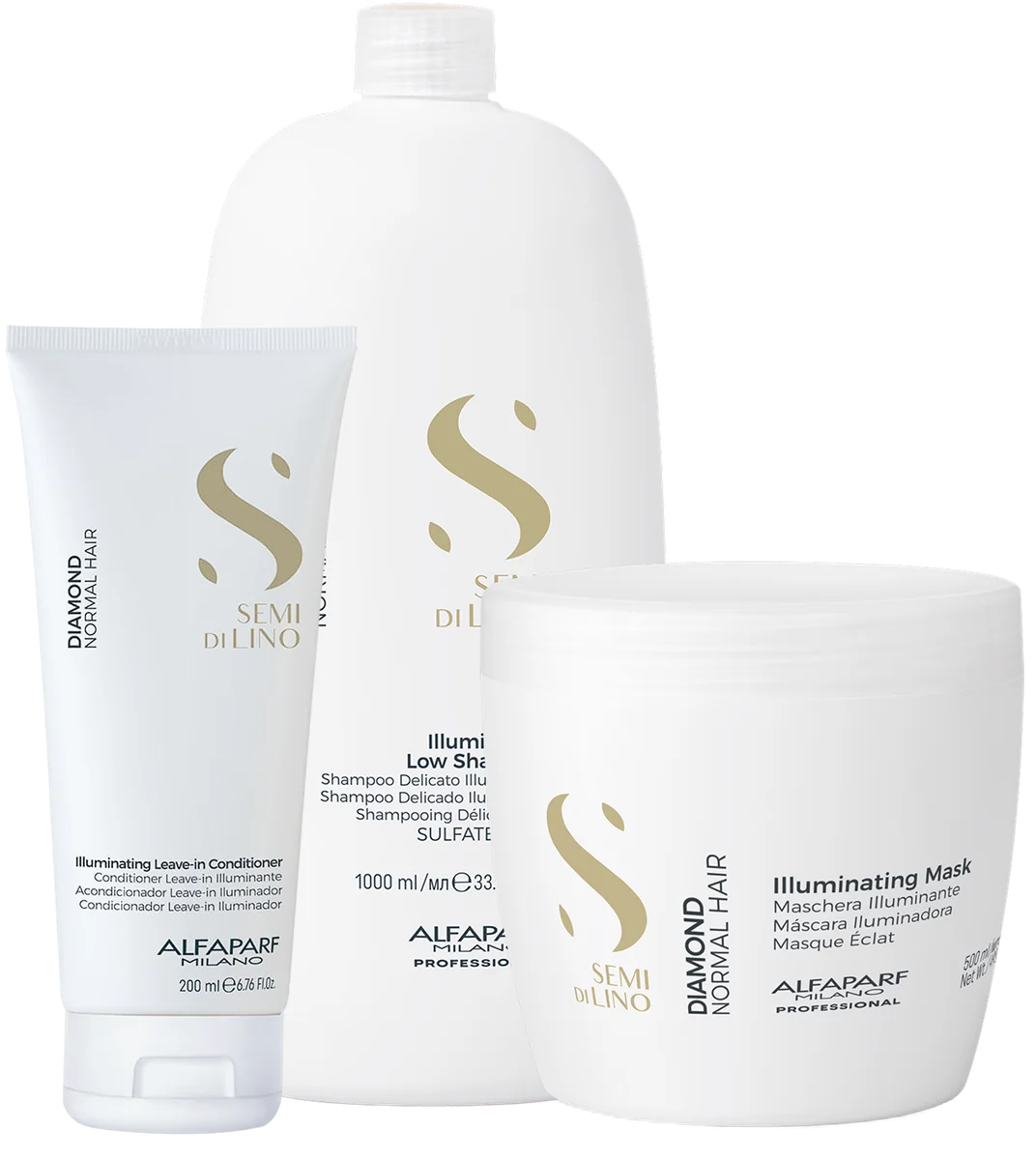 Leave-In Creme para Pentear 200ml, Illuminating Low Shampoo 1000ml, Illuminating Mask 500ml